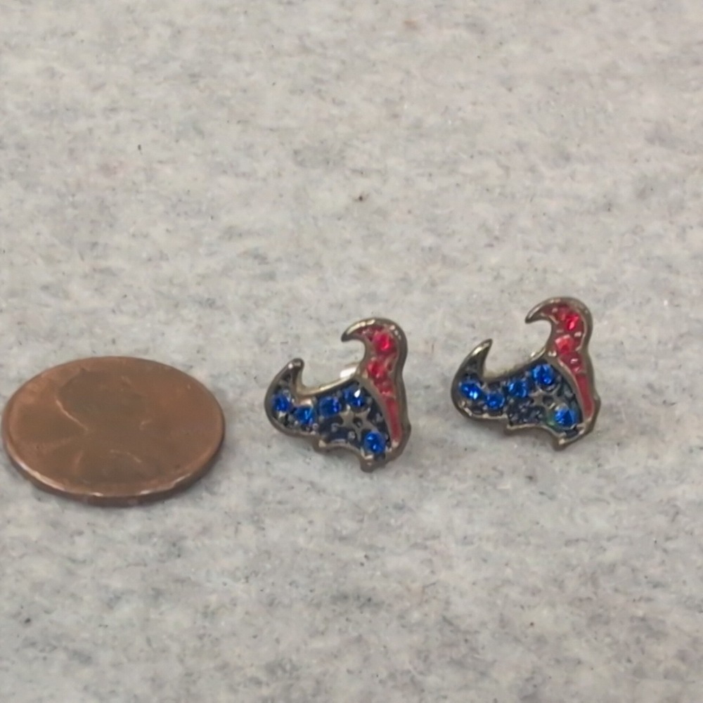 Houston Texans Logo Stud Earrings Blue Red Rhinestone NFL Football - Picture 2 of 3
